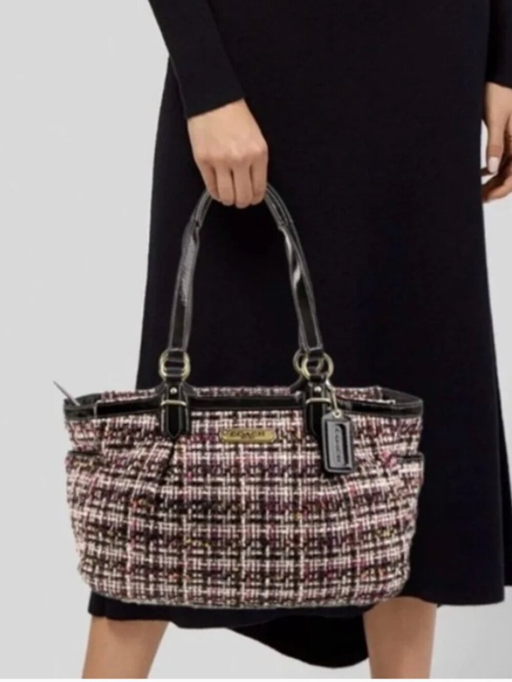 Coach Gallery Tweed Tote Bag Shoulder Purse Leather Y2K Vintage Multicolor Black